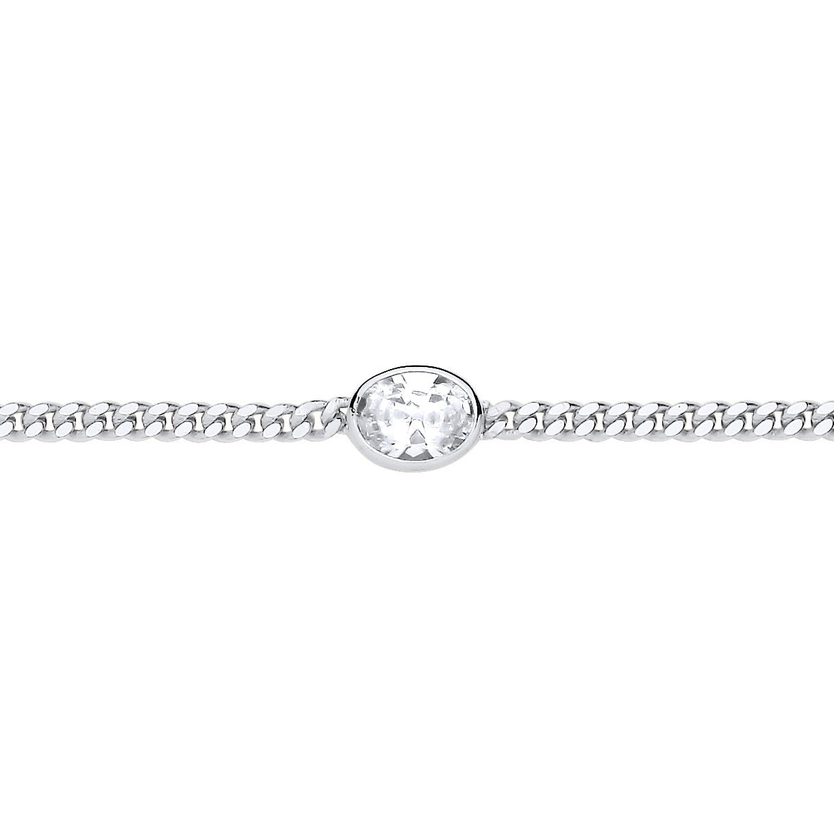 Silver  Oval CZ Bezel Solitaire Curb Chain Bracelet 3mm 7.5 + 1" - GVB598RH