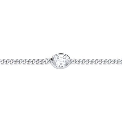 Silver  Oval CZ Bezel Solitaire Curb Chain Bracelet 3mm 7.5 + 1" - GVB598RH