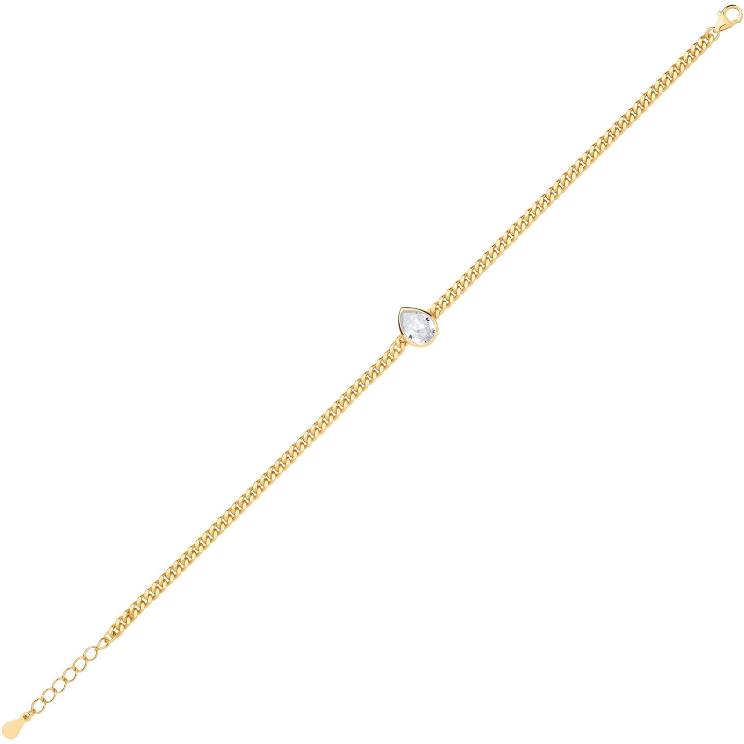 Gilded Silver  Pear CZ Bezel Curb Chain Bracelet 3mm 8.5" - GVB599G