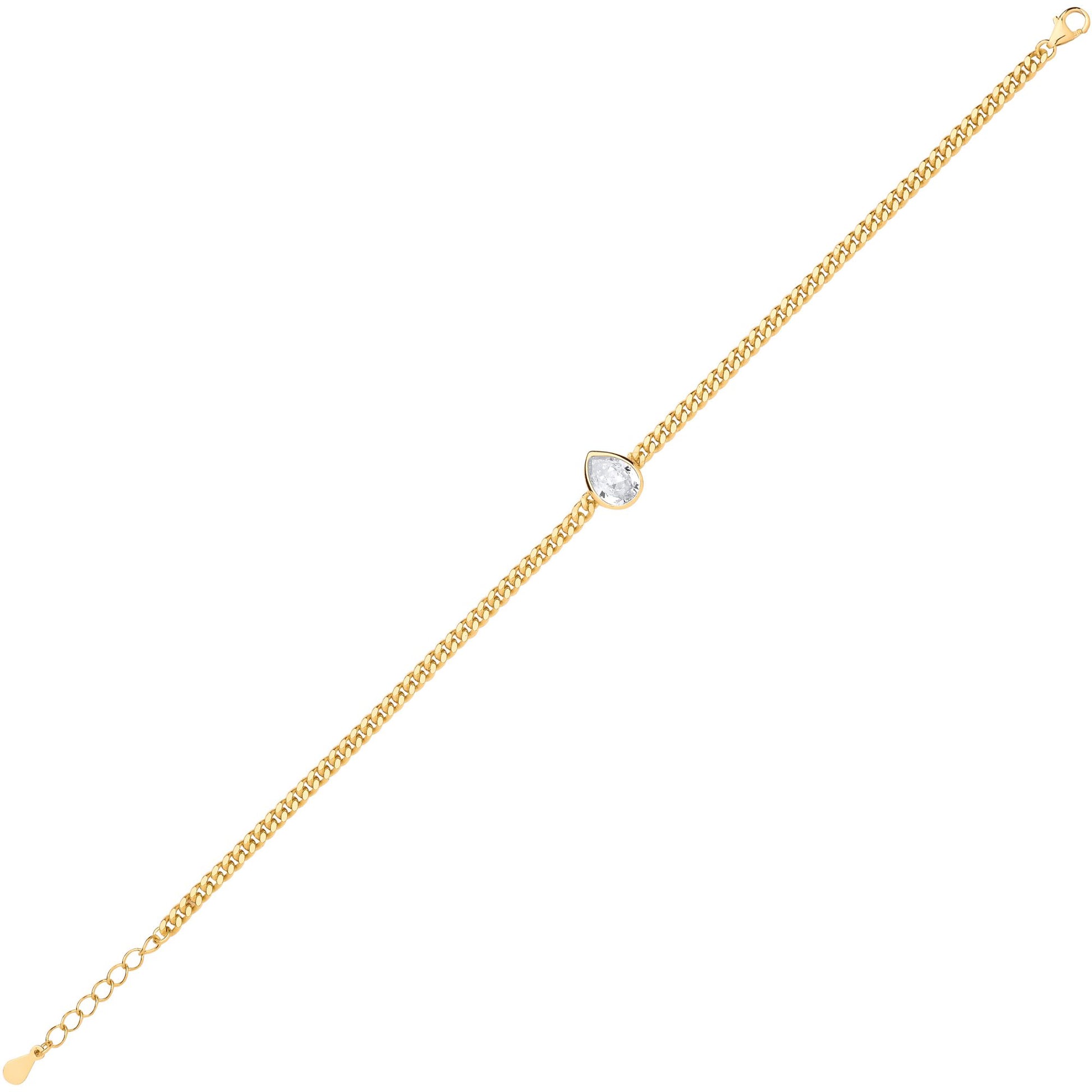 Gilded Silver  Pear CZ Bezel Curb Chain Bracelet 3mm 8.5" - GVB599G