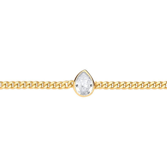 Gilded Silver  Pear CZ Bezel Curb Chain Bracelet 3mm 8.5" - GVB599G