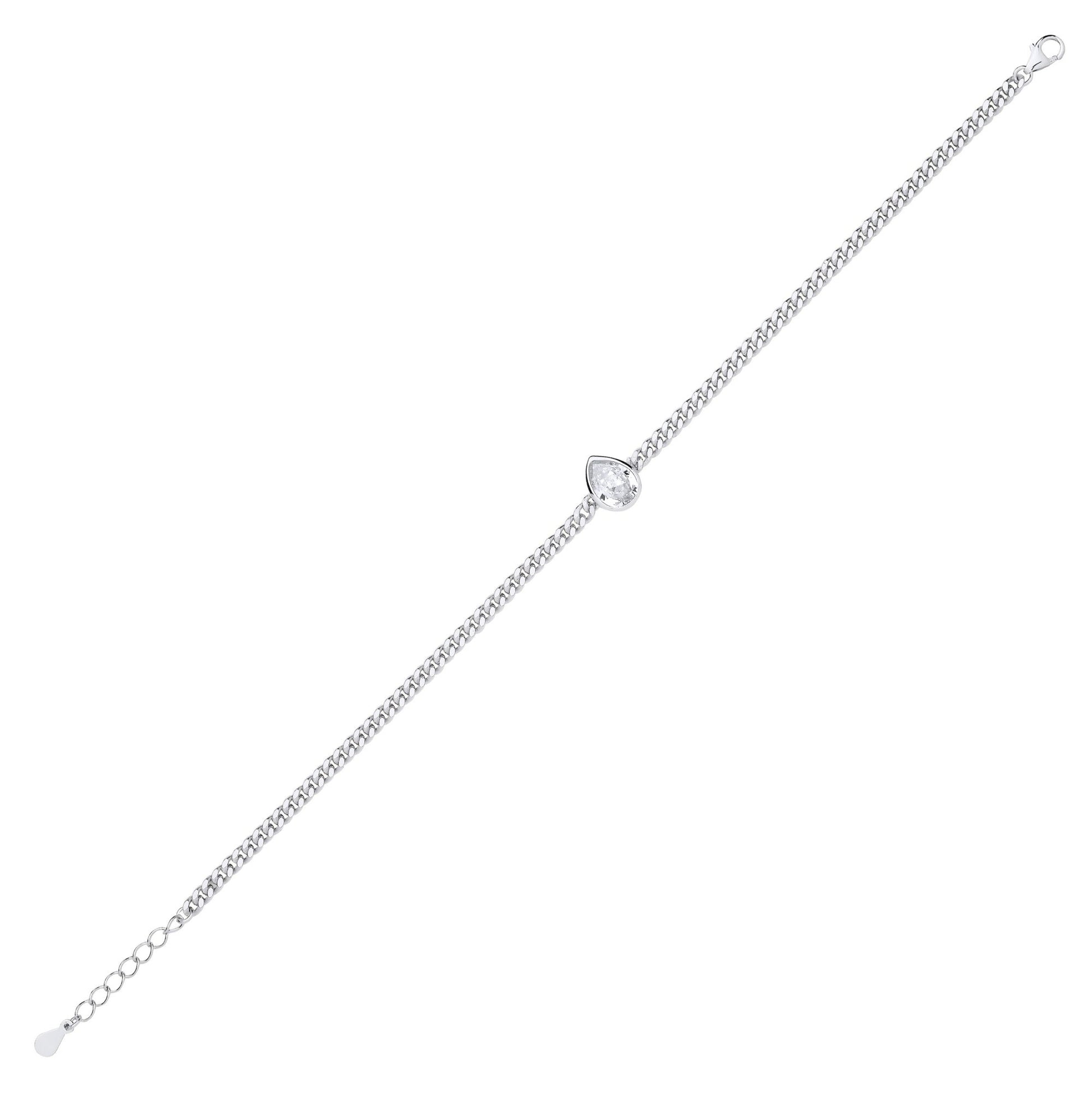 Silver  Pear CZ Bezel Solitaire Curb Chain Bracelet 3mm 7.5 + 1" - GVB599RH