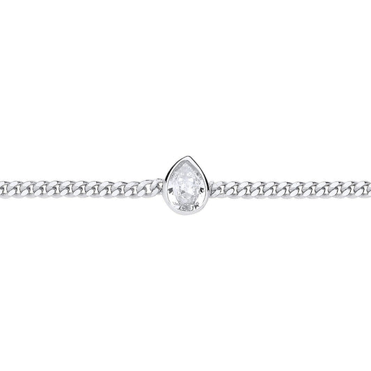 Silver Pear CZ Bezel Solitaire Curb Chain Bracelet 3mm 7.5 + 1" - GVB599RH