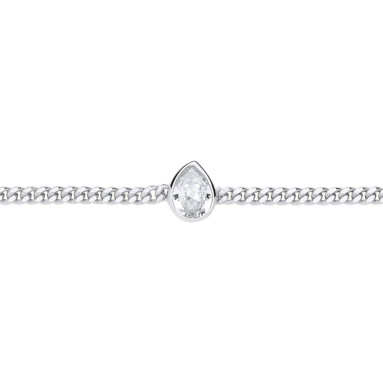 Silver  Pear CZ Bezel Solitaire Curb Chain Bracelet 3mm 7.5 + 1" - GVB599RH