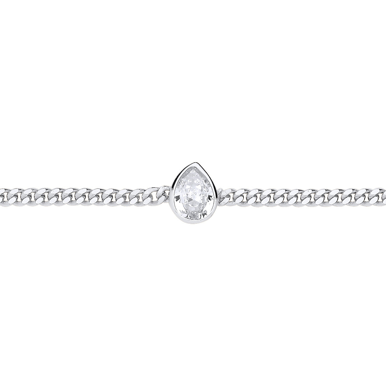 Silver  Pear CZ Bezel Solitaire Curb Chain Bracelet 3mm 7.5 + 1" - GVB599RH