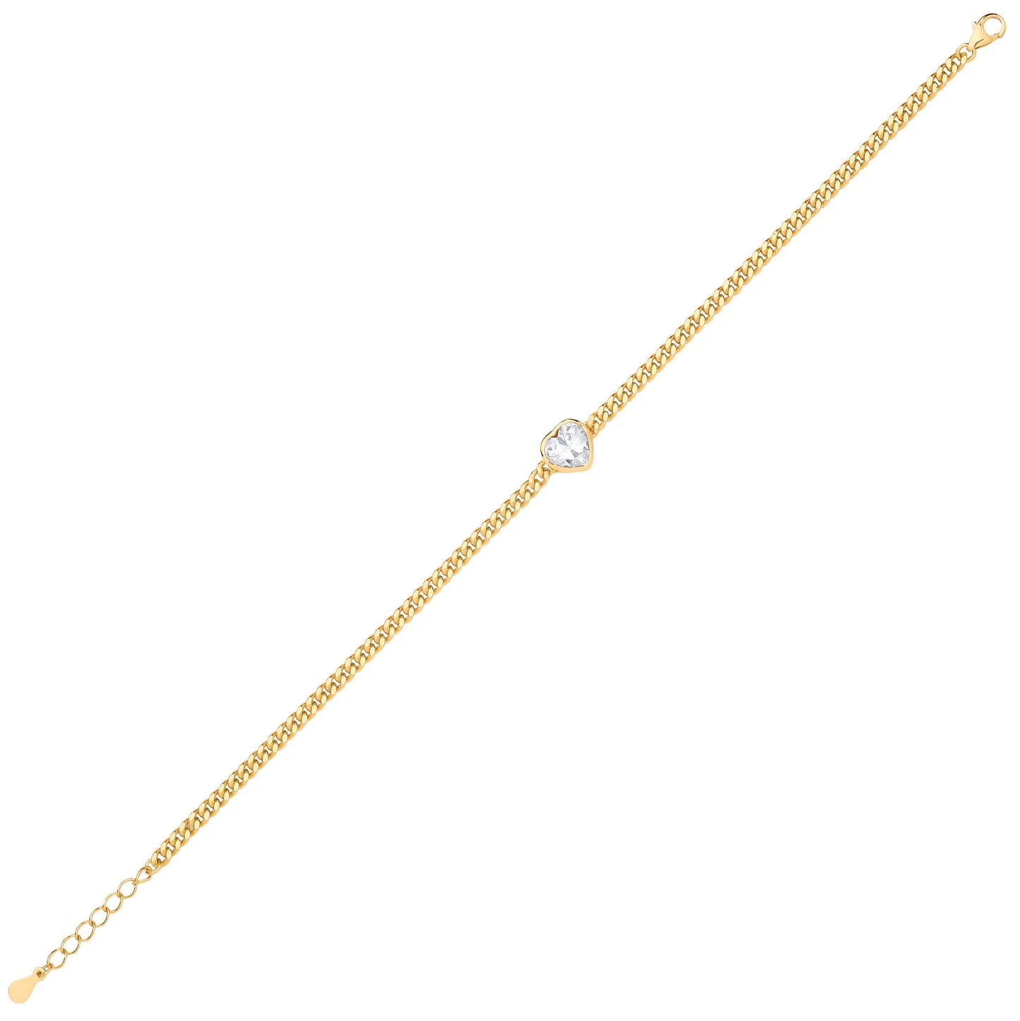 Gilded Silver  Heart CZ Bezel Curb Chain Bracelet 3mm 8.5" - GVB600G