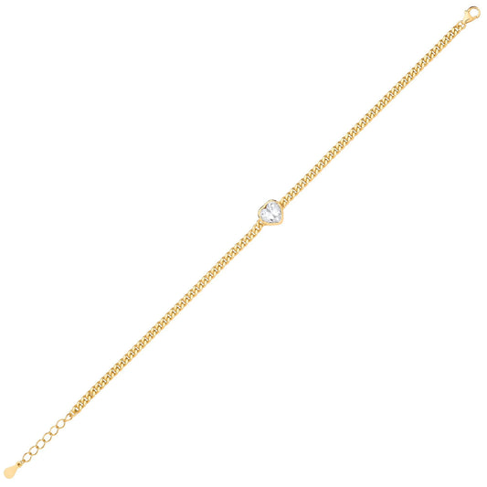 Gilded Silver  Heart CZ Bezel Curb Chain Bracelet 3mm 8.5" - GVB600G