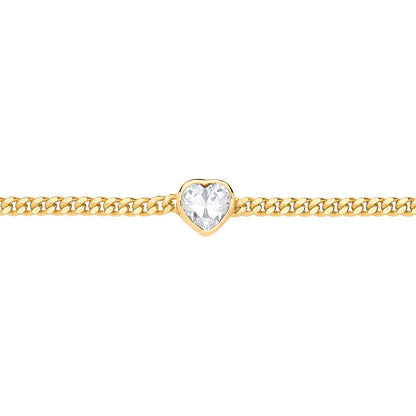 Gilded Silver  Heart CZ Bezel Curb Chain Bracelet 3mm 8.5" - GVB600G