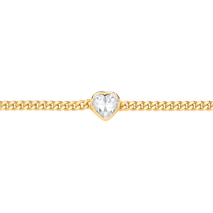 Gilded Silver  Heart CZ Bezel Curb Chain Bracelet 3mm 8.5" - GVB600G