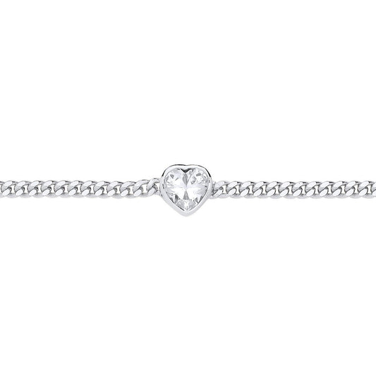 Silver  Heart CZ Bezel Solitaire Curb Chain Bracelet 3mm 7.5 + 1" - GVB600RH