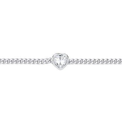 Silver  Heart CZ Bezel Solitaire Curb Chain Bracelet 3mm 7.5 + 1" - GVB600RH