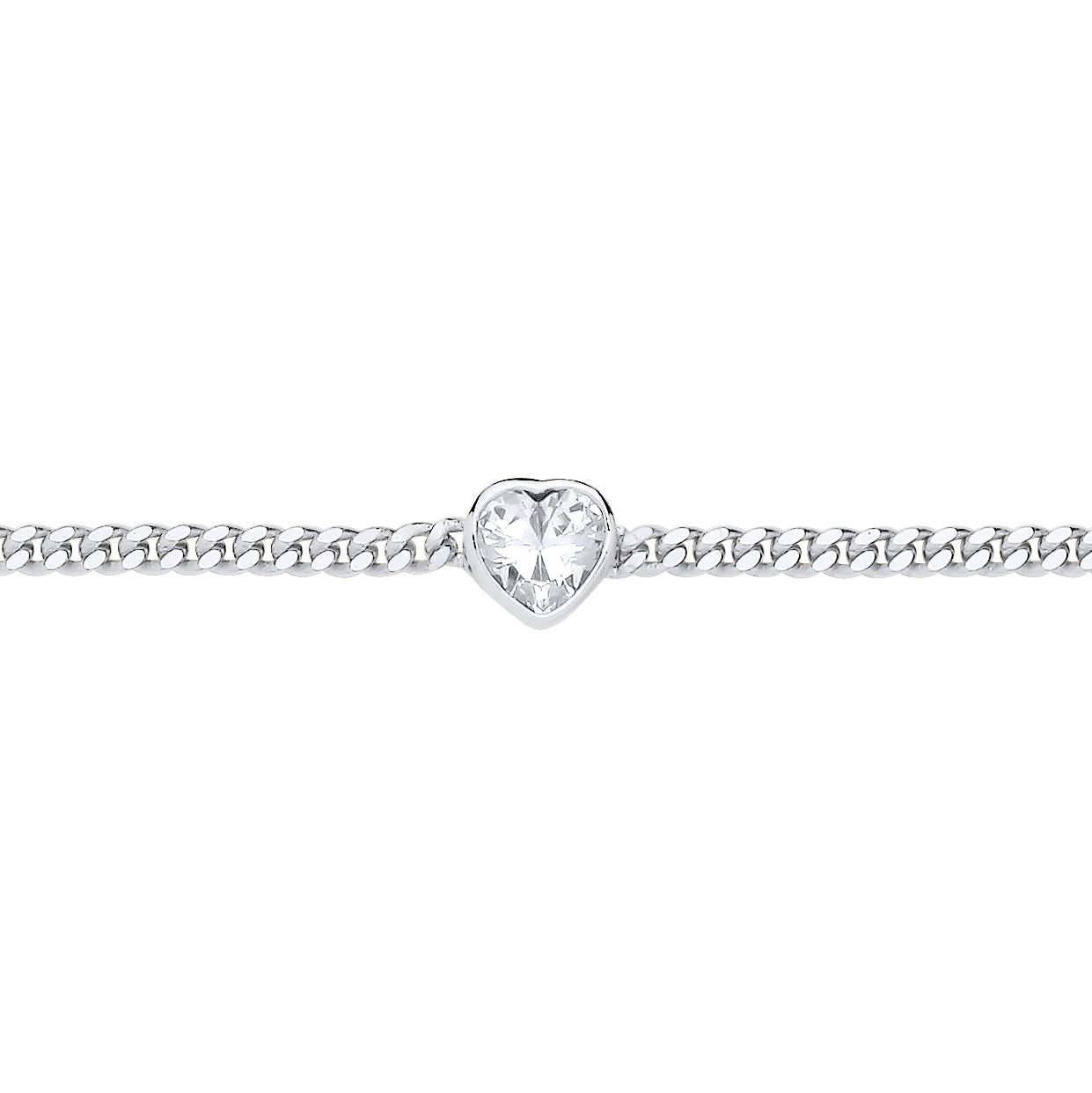 Silver  Heart CZ Bezel Solitaire Curb Chain Bracelet 3mm 7.5 + 1" - GVB600RH