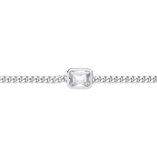 Silver  Bezel Solitaire Curb Chain Bracelet - GVB601RH