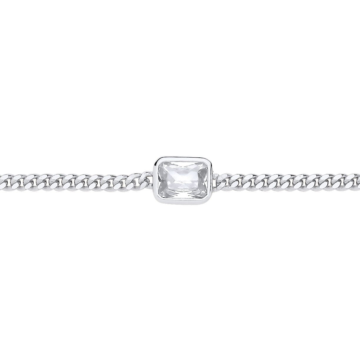 Silver  Radiant CZ Bezel Solitaire Curb Chain Bracelet 3mm 8.5" - GVB601RH
