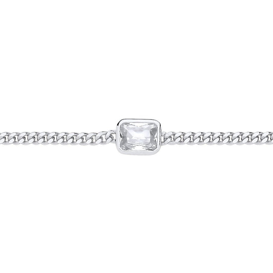 Silver  Radiant CZ Bezel Solitaire Curb Chain Bracelet 3mm 8.5" - GVB601RH