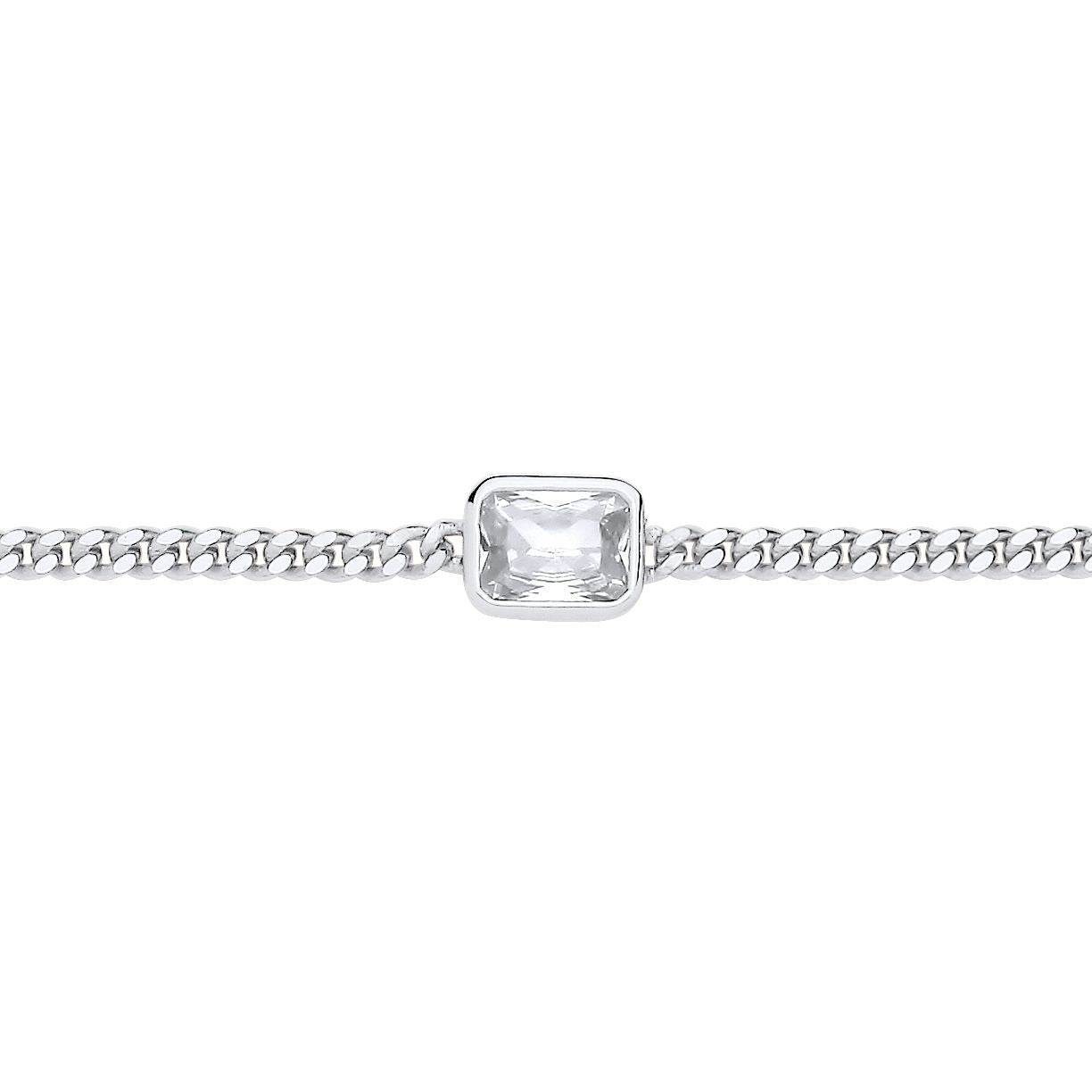 Silver  Radiant CZ Bezel Solitaire Curb Chain Bracelet 3mm 8.5" - GVB601RH