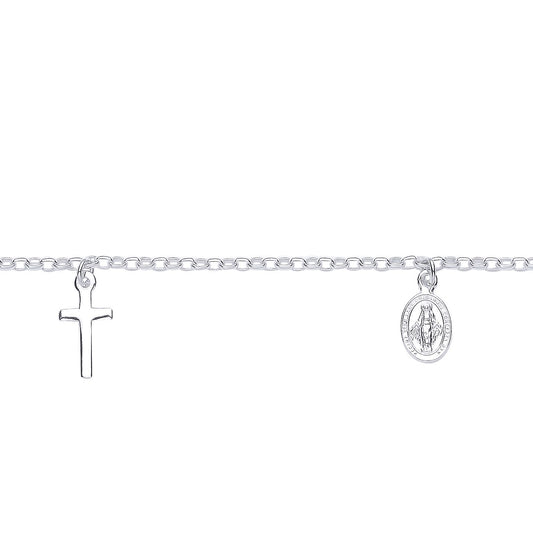 Silver  St Christopher Medallion Cross Pendant Religious Bracelet - GVB605