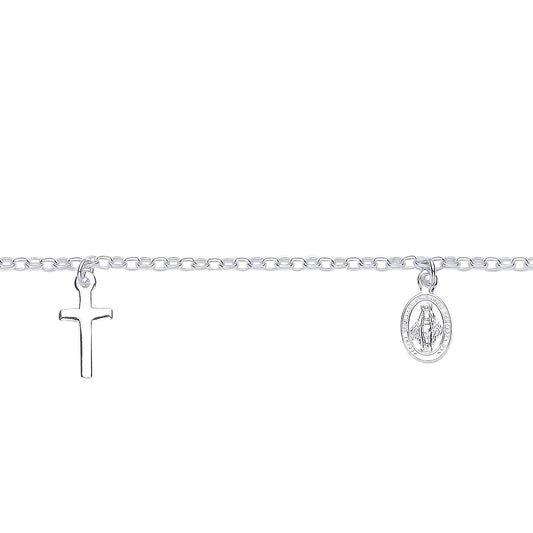 Silver  St Christopher Medallion Cross Religious Bracelet 6.5+1" - GVB605