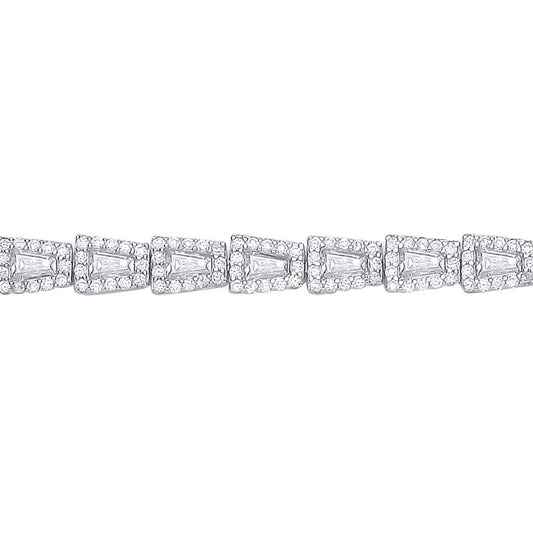 Silver Baguette CZ Art Deco Trapezium Halo Tennis Bracelet - GVB608