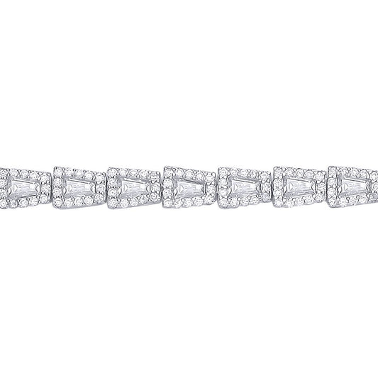 Silver  Baguette CZ Art Deco Trapezium Halo Tennis Bracelet - GVB608