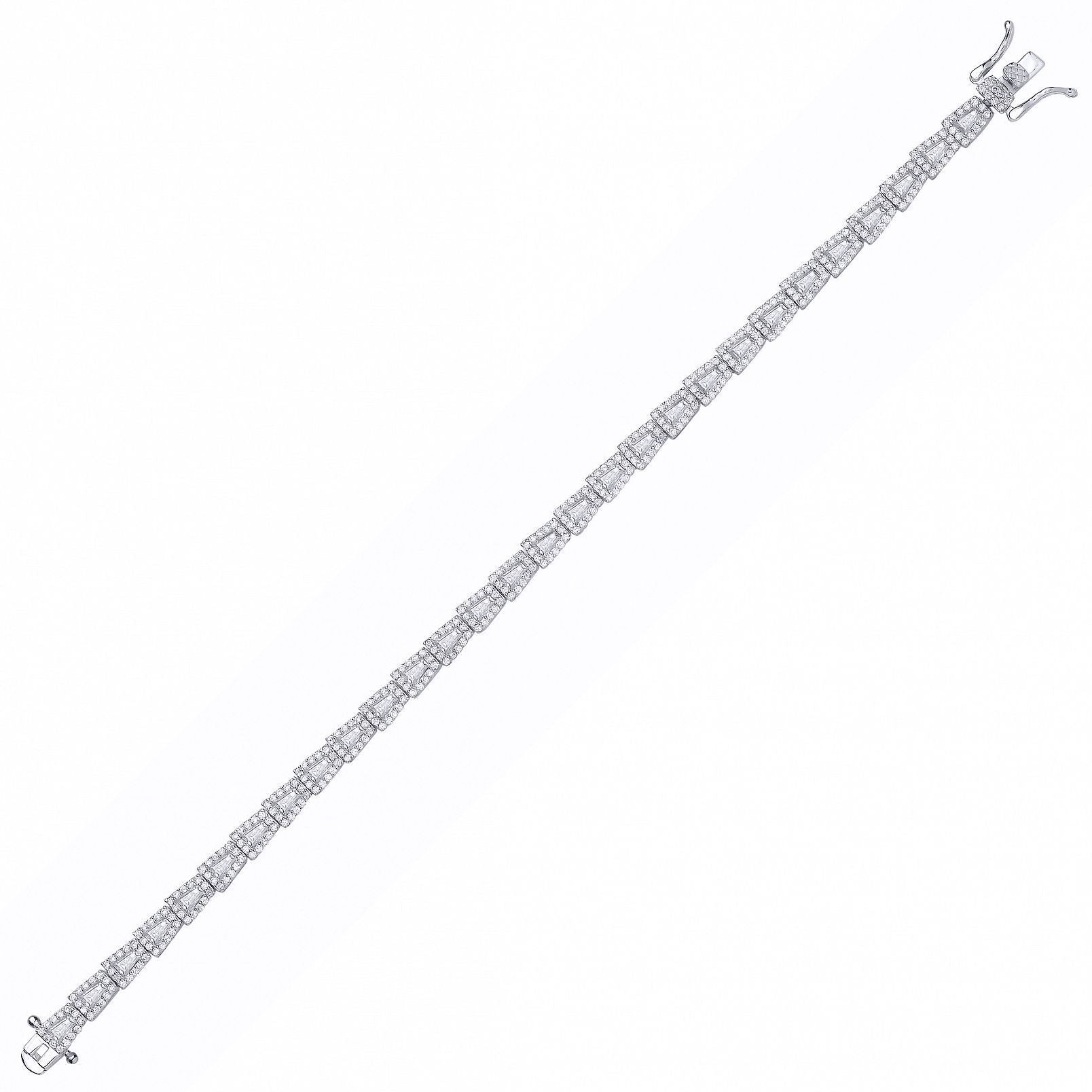 Silver  Baguette CZ Art Deco Trapezium Halo Tennis Bracelet - GVB608