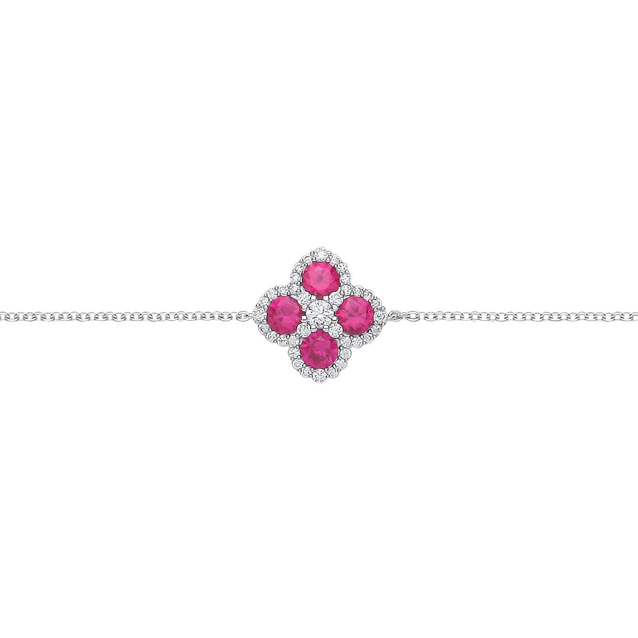 Silver  Red CZ Clover Kiss Quatrefoil Cluster Charm Bracelet - GVB615