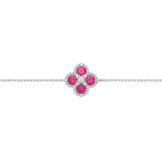 Silver  Red CZ Clover Kiss Quatrefoil Cluster Charm Bracelet - GVB615