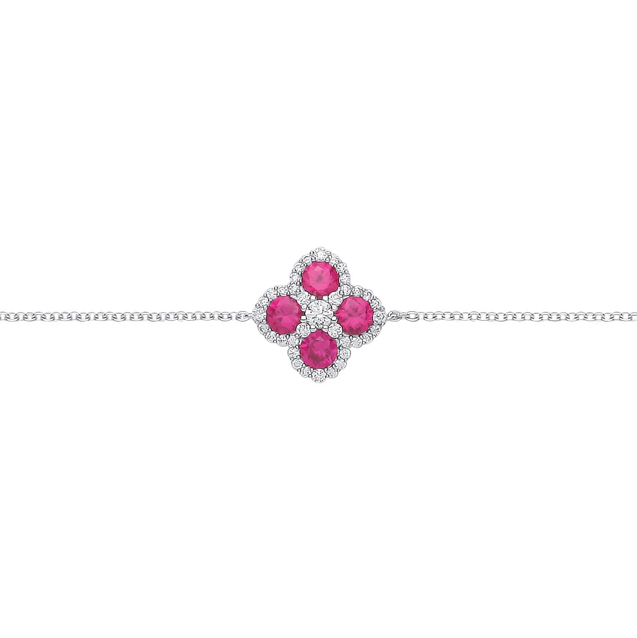 Sterling Silver CZ & Ruby Clover Charm Bracelet - GVB615