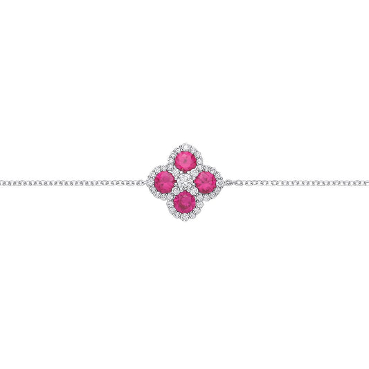 Sterling Silver CZ & Ruby Clover Charm Bracelet - GVB615