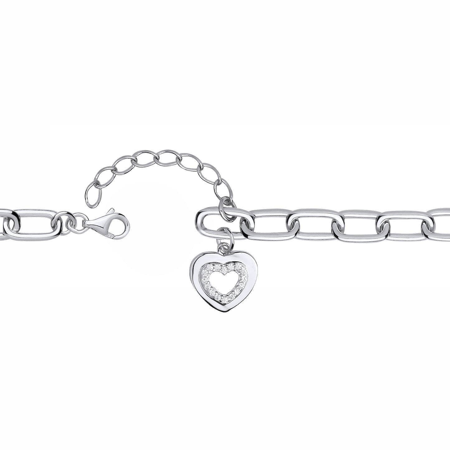 Sterling Silver  Paper Link CZ Heart Charm Bracelet - GVB618