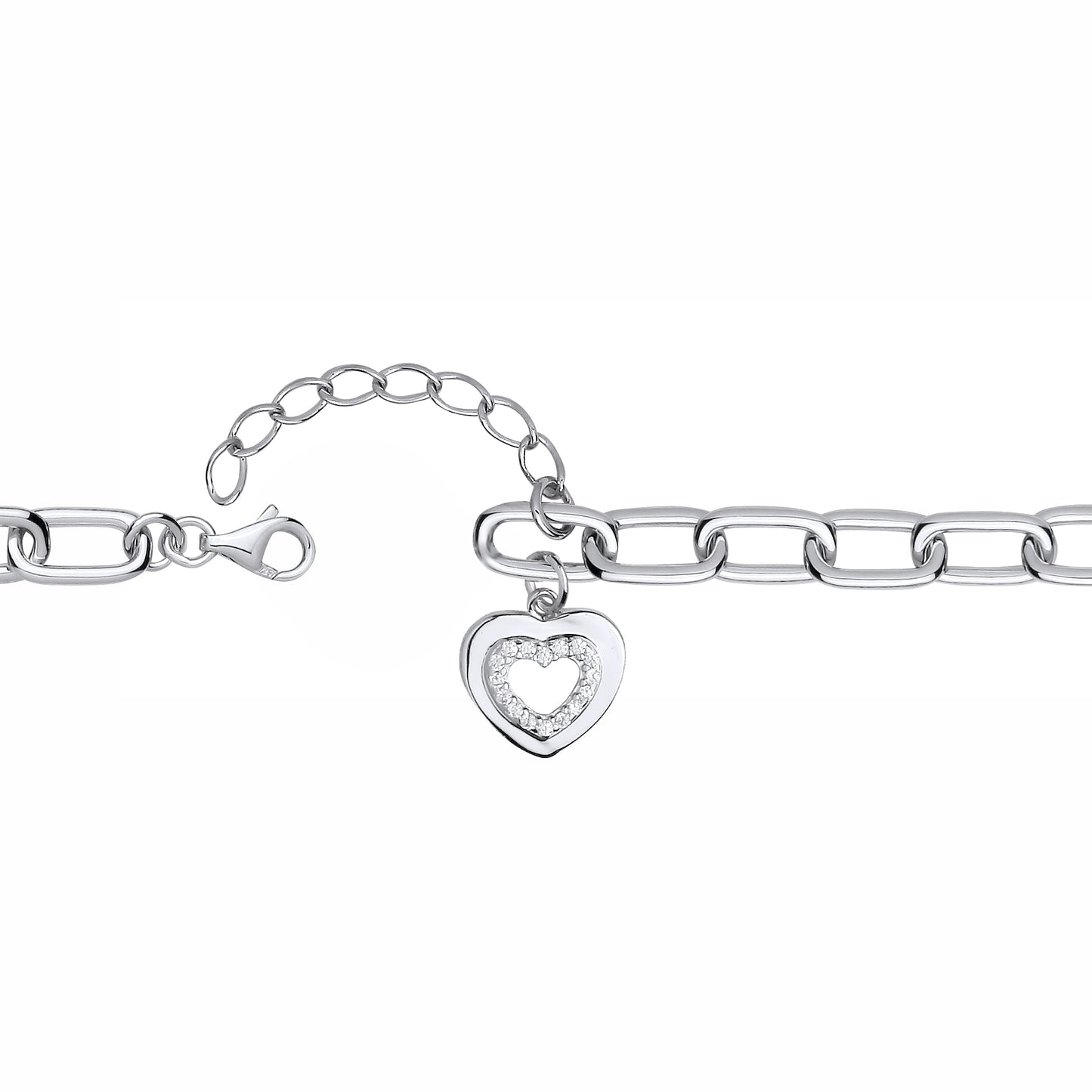 Silver  CZ Oval Pill Double Love Heart Charm Chain Link Bracelet - GVB618