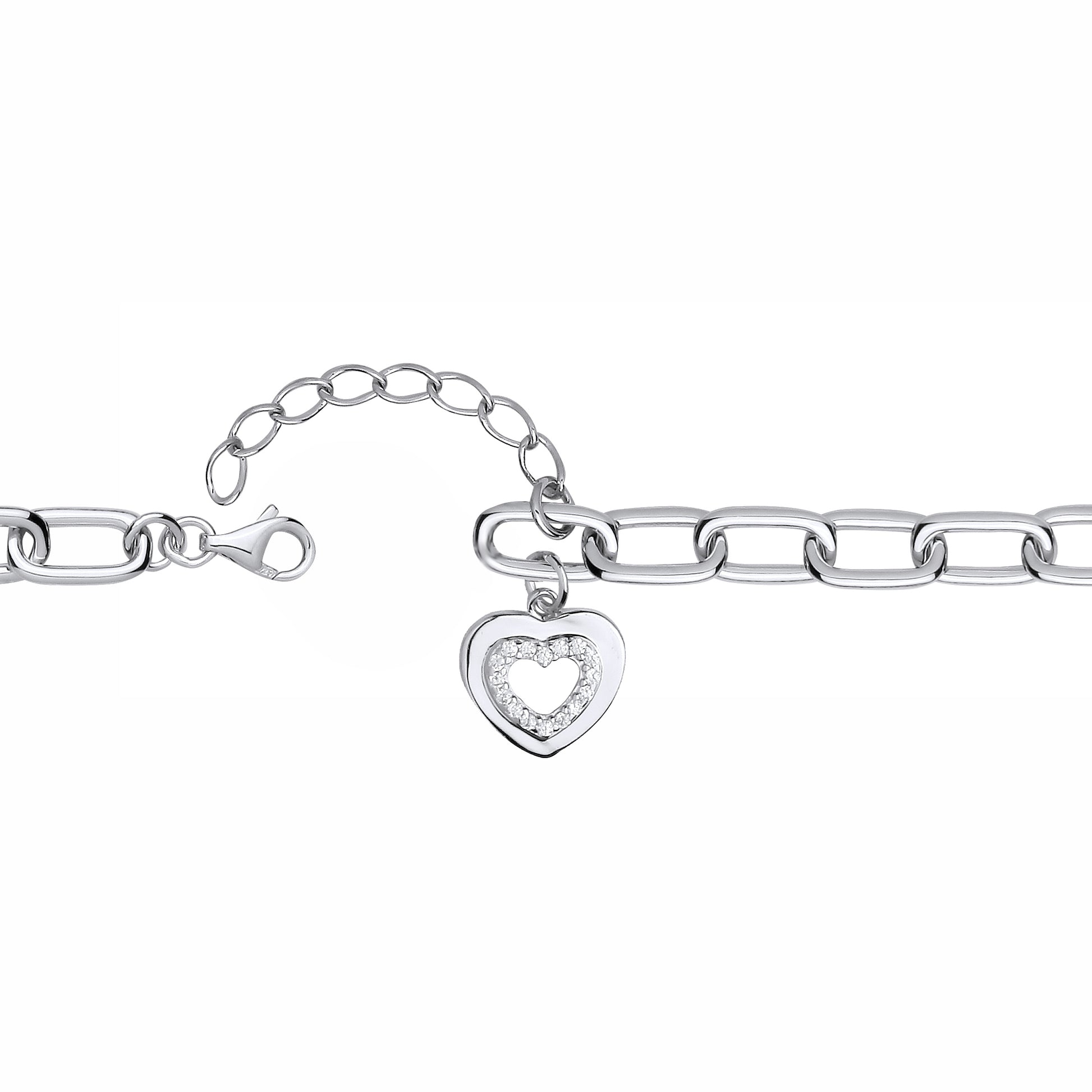 Silver  CZ Oval Pill Double Love Heart Charm Chain Link Bracelet - GVB618