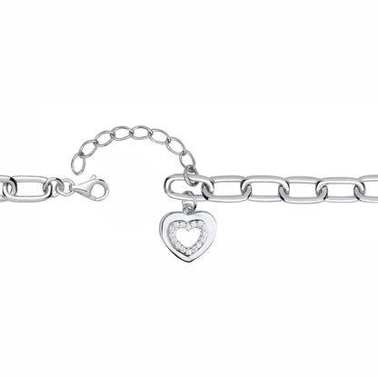 Silver  CZ Oval Pill Double Love Heart Charm Chain Link Bracelet - GVB618