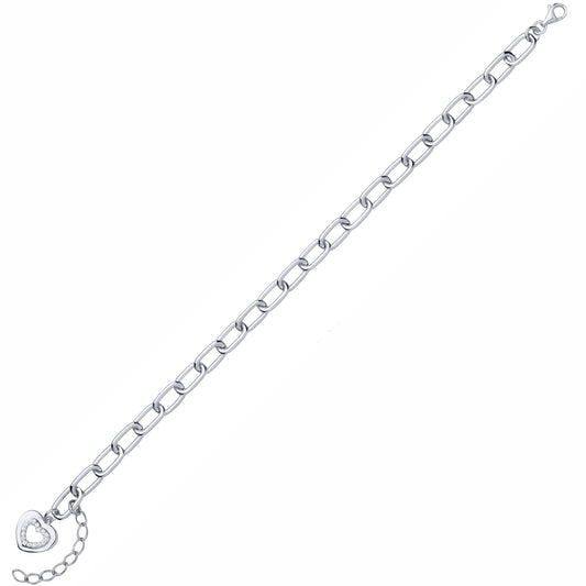 Sterling Silver  Paper Link CZ Heart Charm Bracelet - GVB618