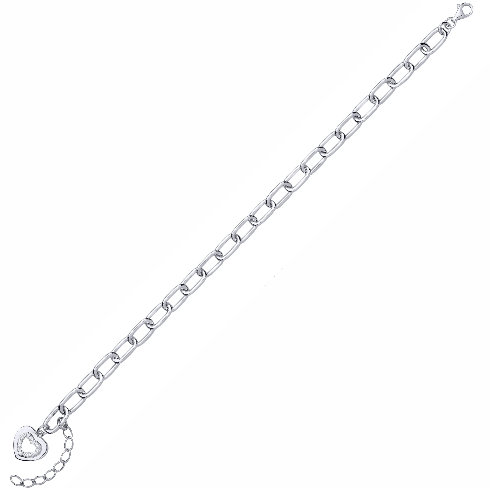 Silver  CZ Oval Pill Double Love Heart Charm Chain Link Bracelet - GVB618