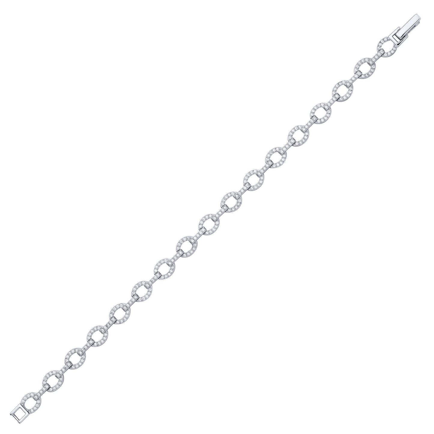 Silver  CZ Flat Oval Link Pave Chain Link Bracelet - GVB620