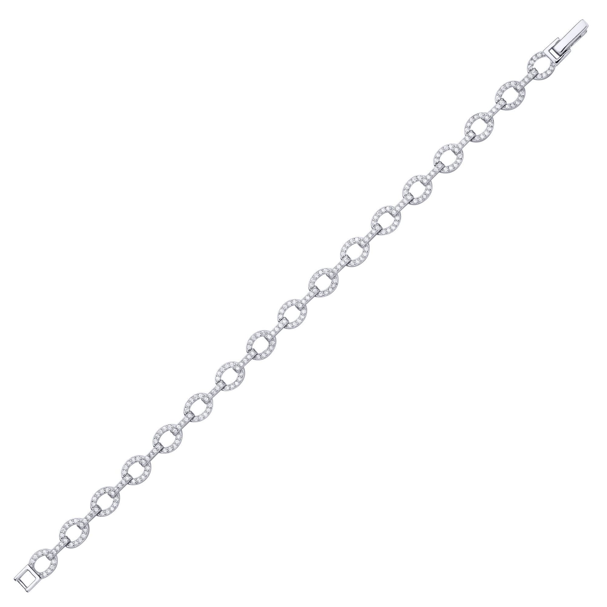 Silver  CZ Flat Oval Link Pave Chain Link Bracelet - GVB620