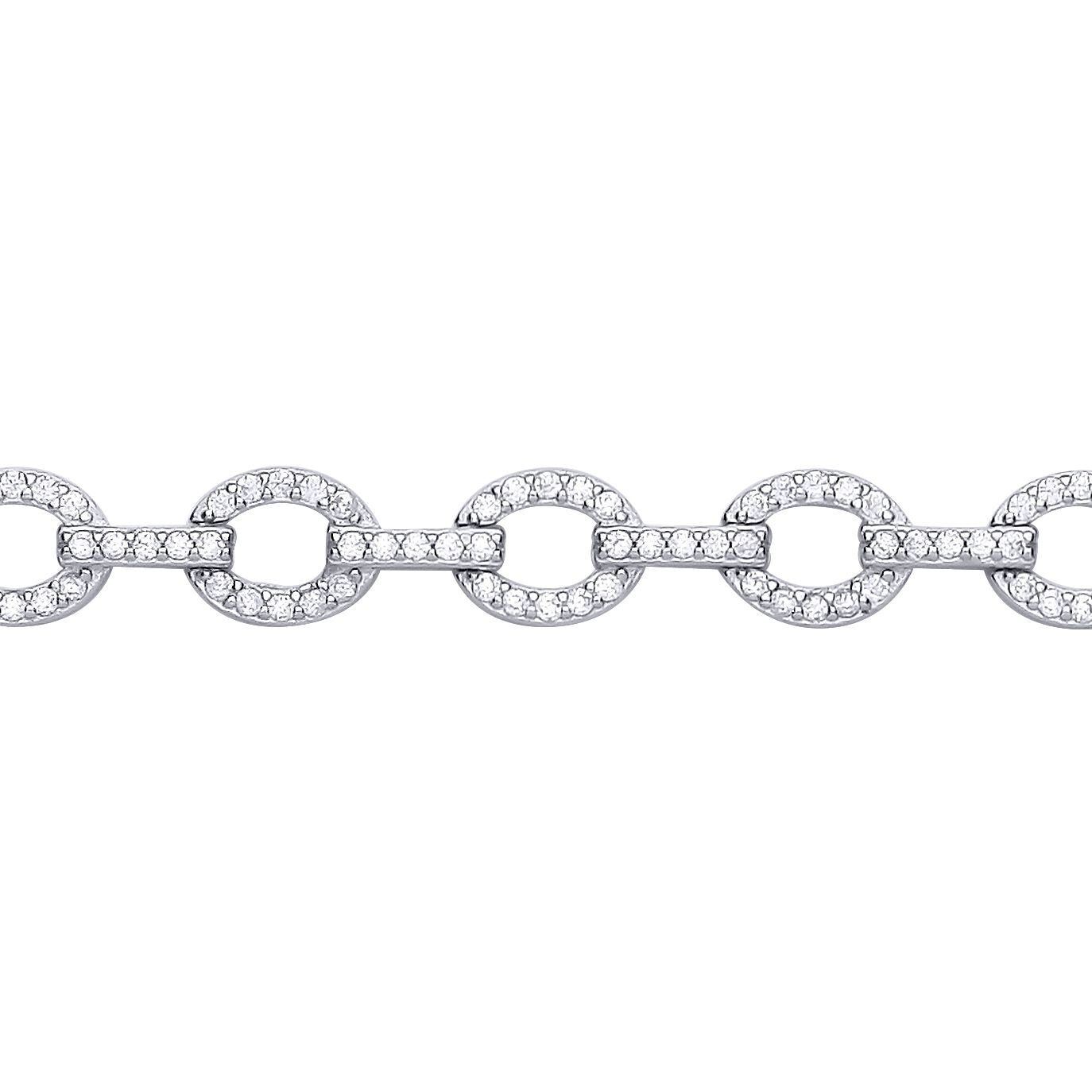 Silver  CZ Flat Oval Link Pave Chain Link Bracelet - GVB620