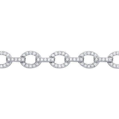 Silver  CZ Flat Oval Link Pave Chain Link Bracelet - GVB620