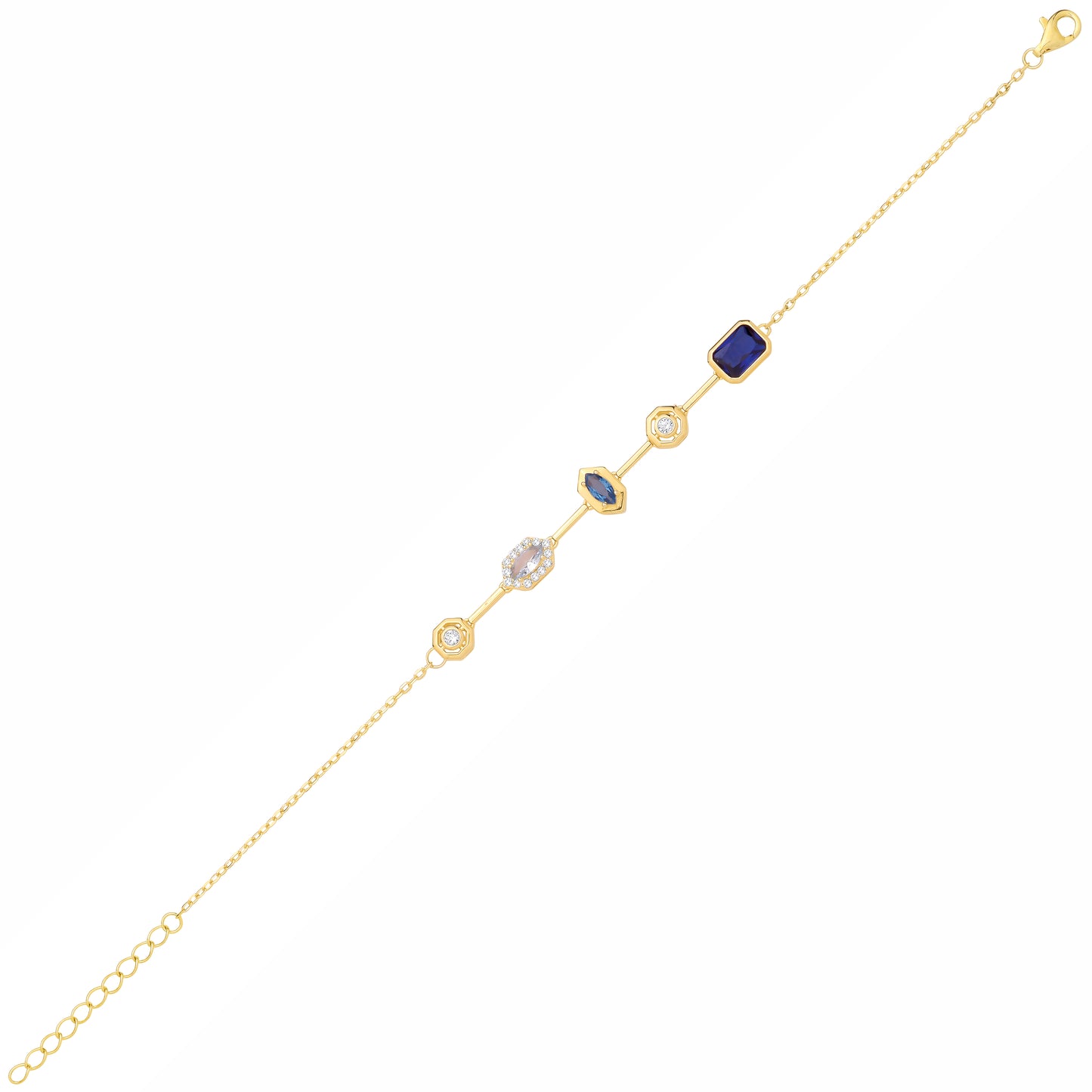 Gold-plated Silver  CZ & Blue Topaz Mismatched Marquise Bracelet - GVB623