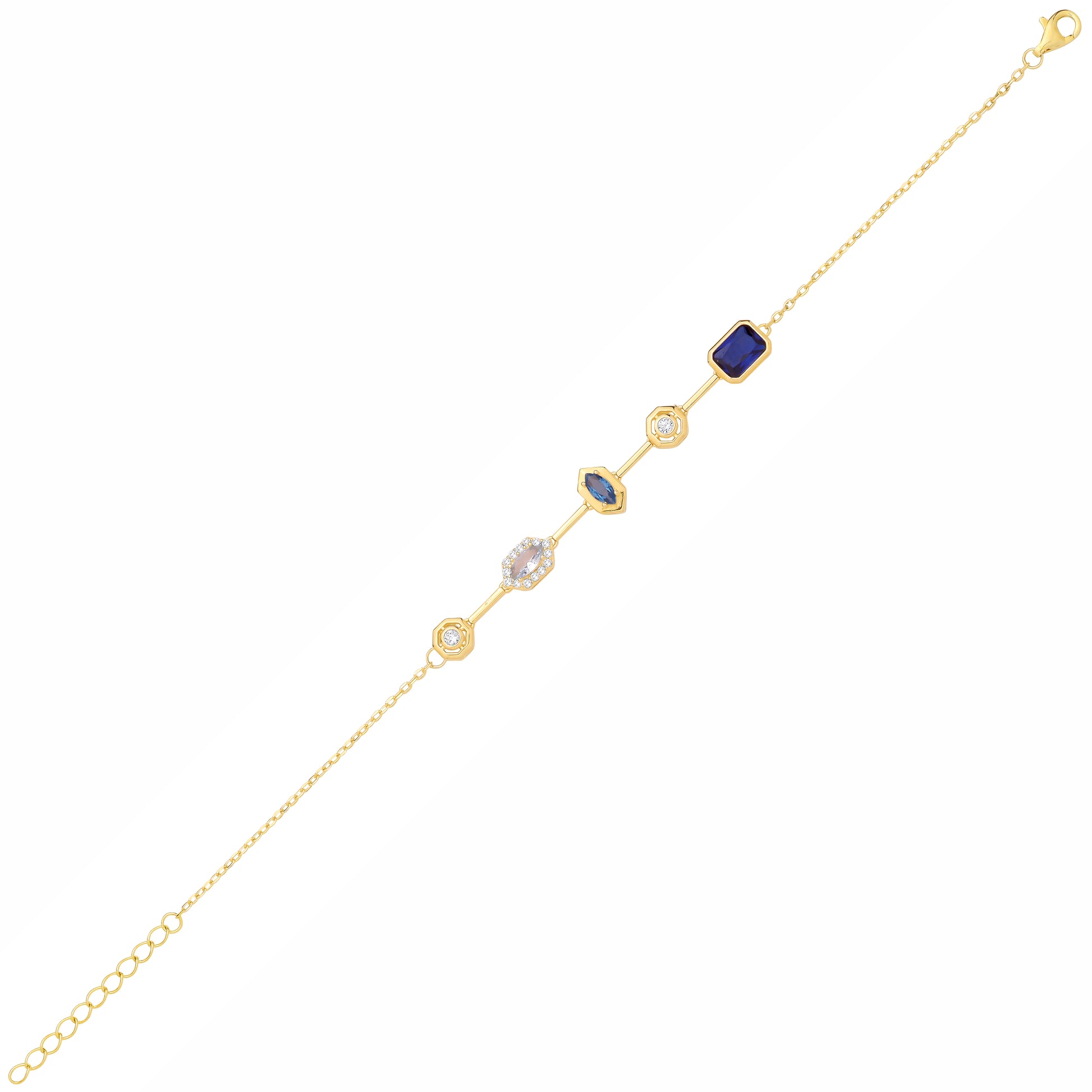 Gold-plated Silver  CZ & Blue Topaz Mismatched Marquise Bracelet - GVB623