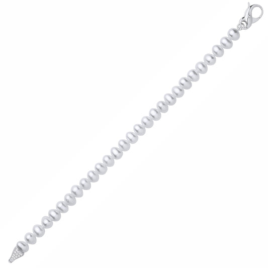 Silver  White Pebble Shape Fresh Water Pearl & CZ Bracelet 6-6.5mm - GVB627