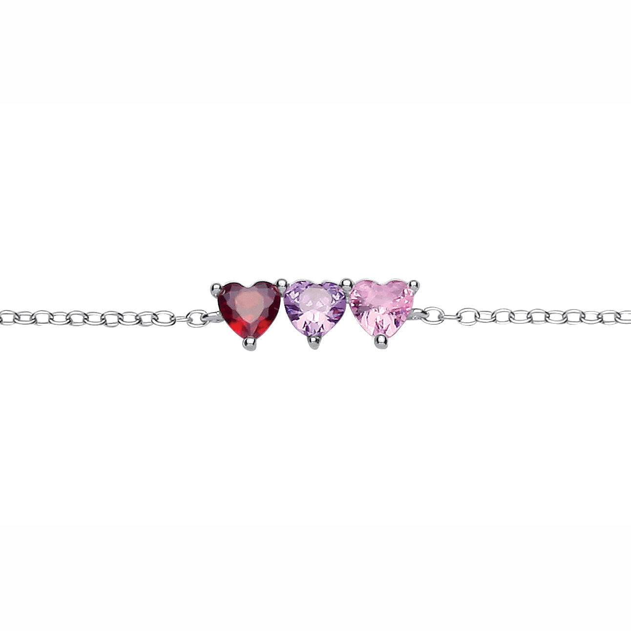 Sterling Silver  CZ Garnet, Amethyst & Pink Triple Heart Bracelet - GVB628