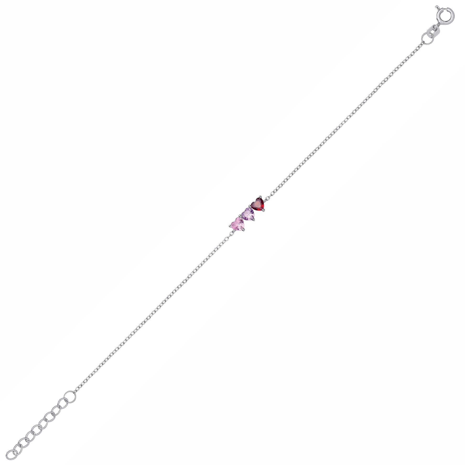 Sterling Silver  CZ Garnet, Amethyst & Pink Triple Heart Bracelet - GVB628
