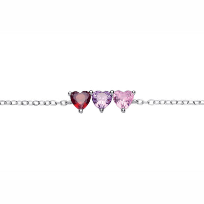 Silver  Lilac Pink Red Heart CZ Berry Heart Trilogy Charm Bracelet - GVB628