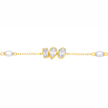 18K Gold-plated Silver  CZ & Rice Shape Freshwater Pearl Bracelet - GVB629