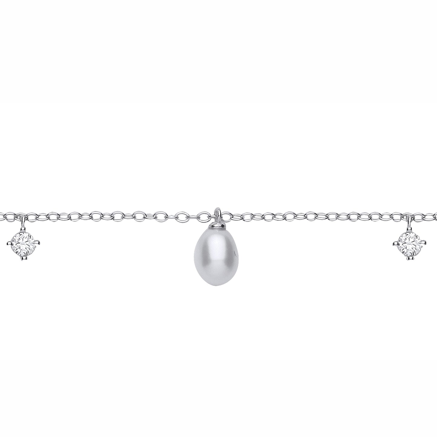 Silver  CZ & White Rice Shape Fresh Water Pearl 4.5-5mm Bracelet - GVB630