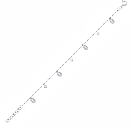 Silver  CZ & White Rice Shape Fresh Water Pearl 4.5-5mm Bracelet - GVB630