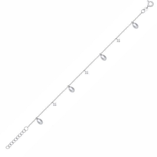 Silver  CZ & White Rice Shape Fresh Water Pearl 4.5-5mm Bracelet - GVB630