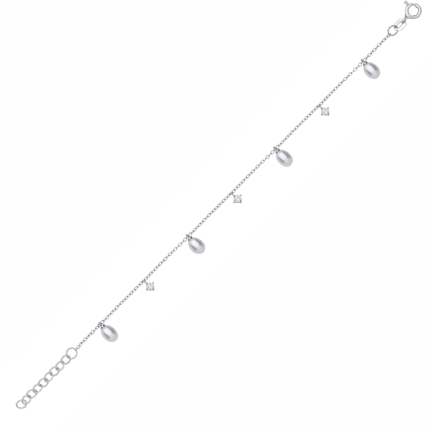 Silver  Pear Pearl & CZ Lil n Large Moons n Stars Station Bracelet - GVB630
